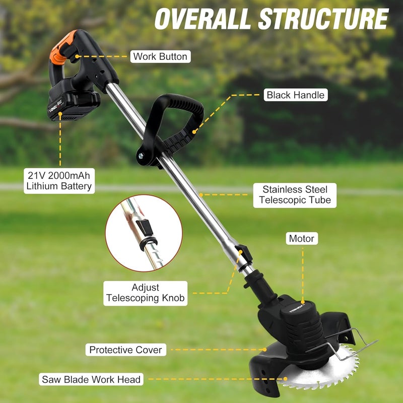 ALSO GO 21V Electric Weed Eater with Wheels,Cordless Battery Weed Wacker with Charger, 3 in 1 Brush Cutter/String Trimmer/Grass Trimmer/Lawn Mower,Edger for Garden and Yard Lawn,2 Batteries Include - Image 3